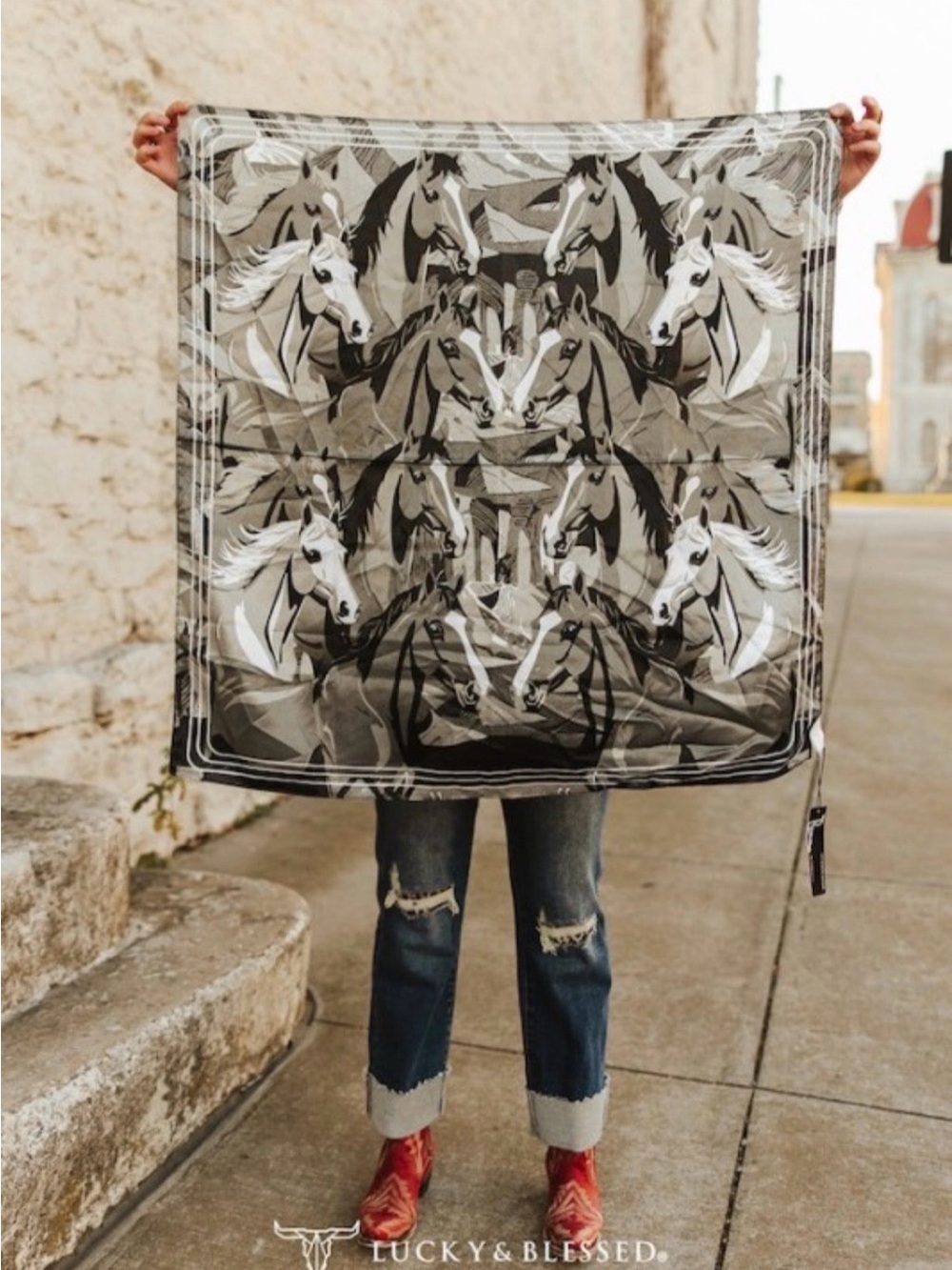 Lucky & Blessed Black White Gray Horse Print Scarf
